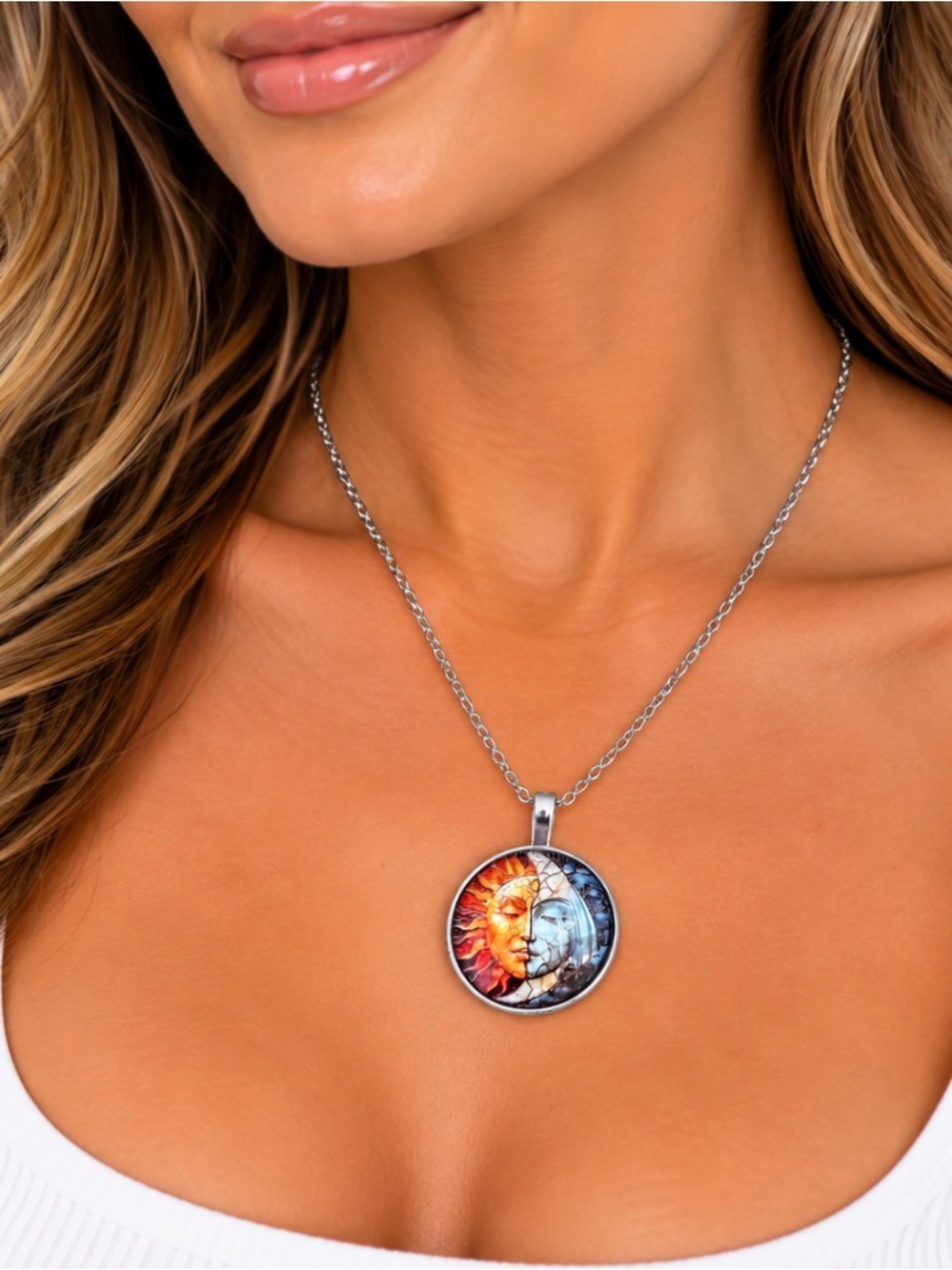 New- Sun & Moon Art Pendant Necklace - Silver Tone Chain - Orange Brown